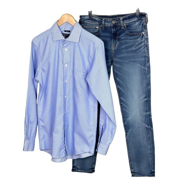 𝅺COTTON Blue & White Check Button Down Shirt 15 1/2 - Picture 1 of 7